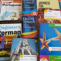 Various language learning materials: Courses, dictionaries, and grammar books.